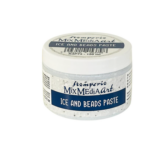 A small white plastic jar of Stamperia MixMediaArt Ice and Beads Paste, showing the white contents speckled with tiny blue and gray flecks, on a solid white background.
