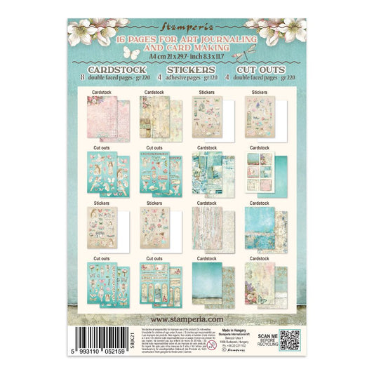 Stamperia art journaling and card making kit packaging with cardstock, stickers, and cutouts.