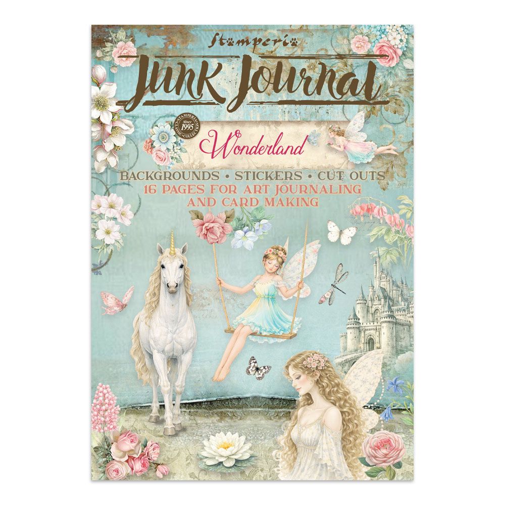 Junk Journal with fairies, unicorn, and castle design on a white background