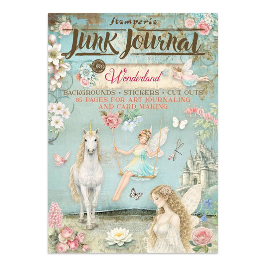 Junk Journal with fairies, unicorn, and castle design on a white background