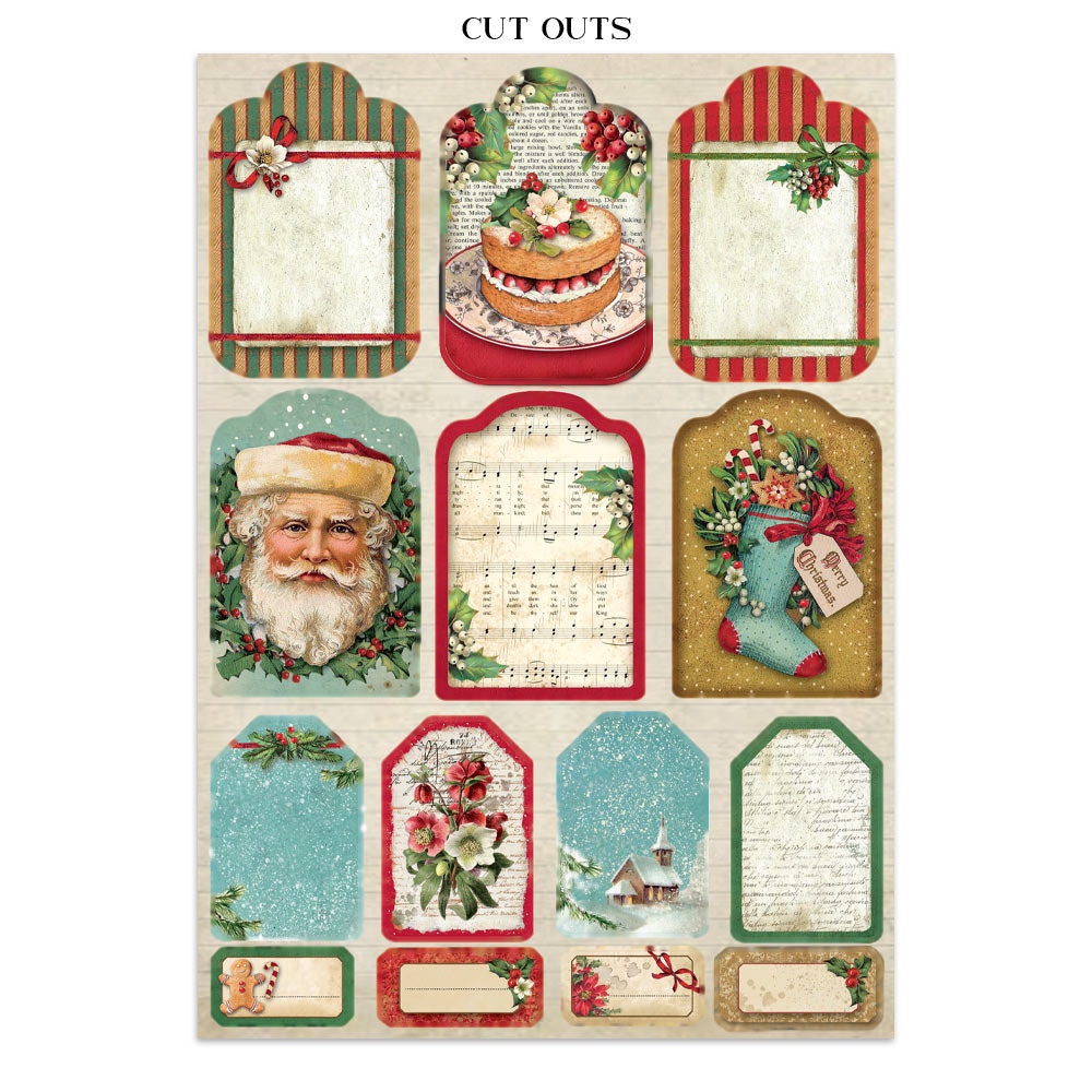 Collection of Christmas-themed cutouts with Santa Claus, stockings, and winter scenes on a white background.