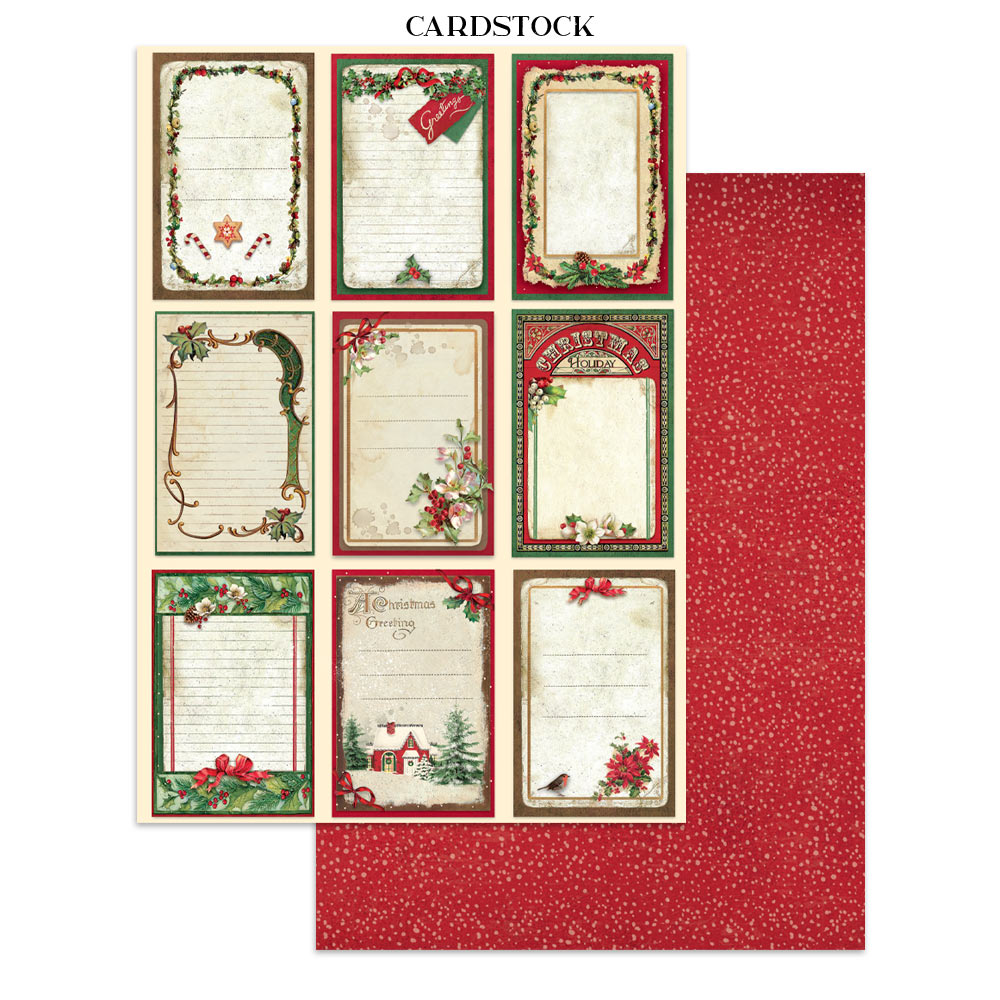 Collection of Christmas-themed cardstock sheets with decorative designs on a white background.