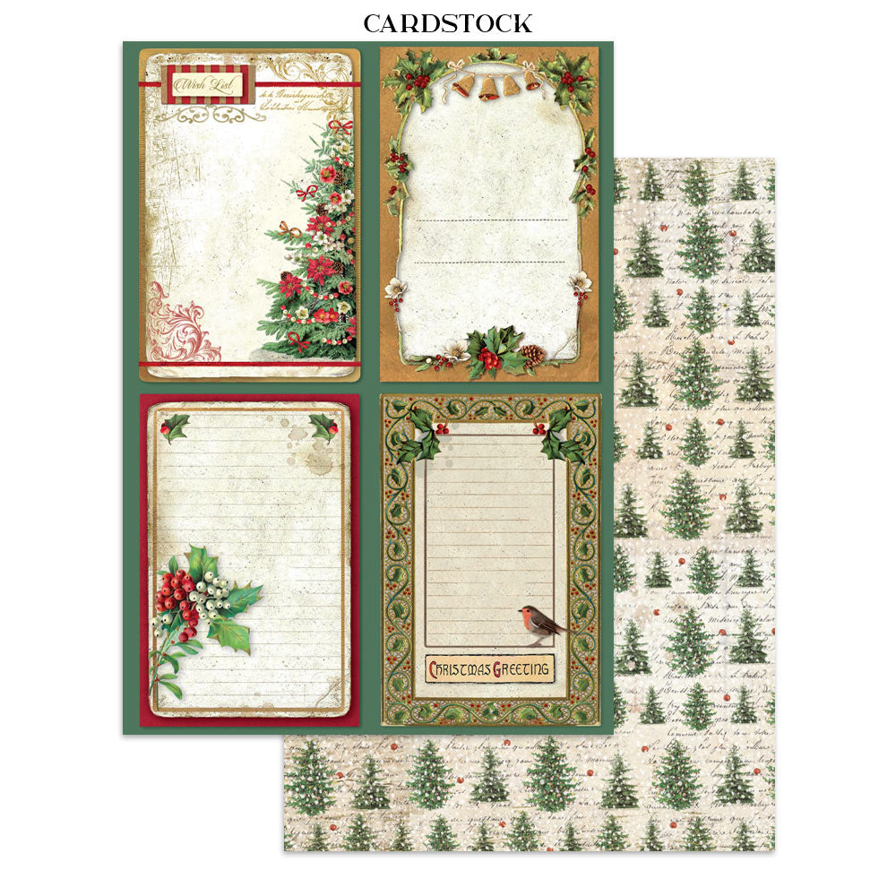 Set of Christmas-themed cardstock sheets with decorative borders and patterns.