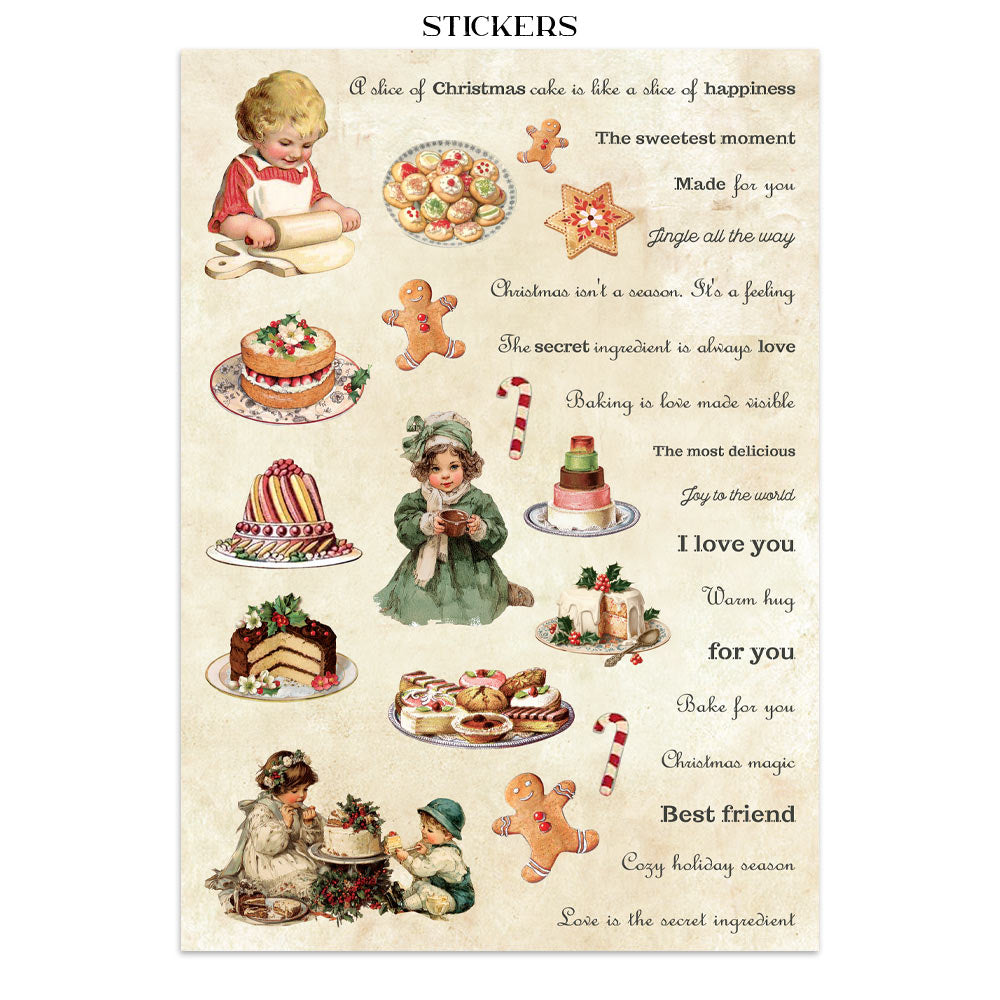 Sheet of stickers with Christmas-themed illustrations and text on a white background