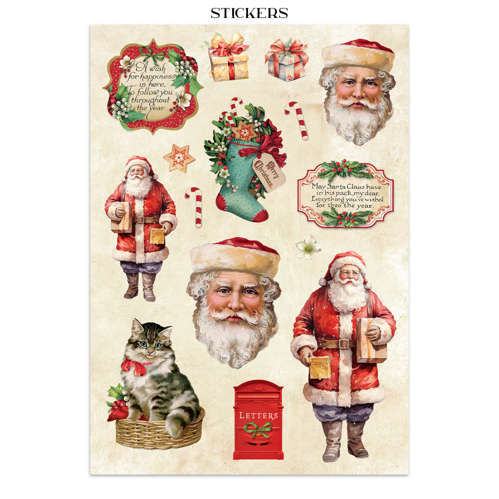 Sheet of Christmas-themed stickers featuring Santa Claus, a cat, and other holiday elements on a beige background.