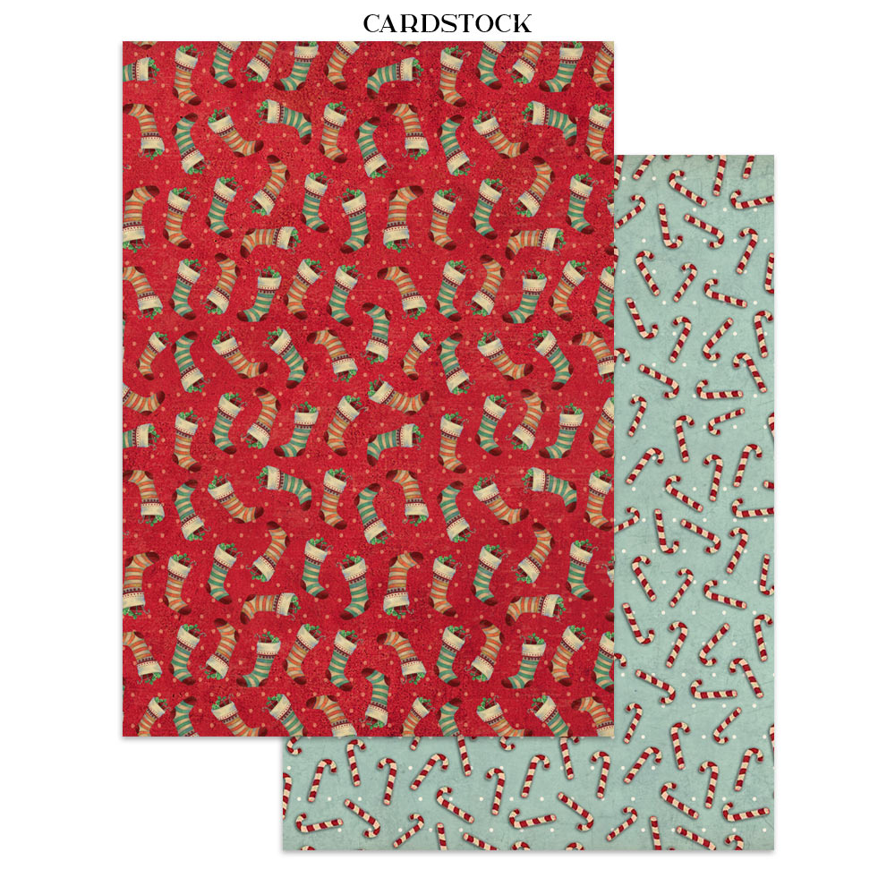 Two sheets of cardstock with Christmas-themed patterns on a white background.