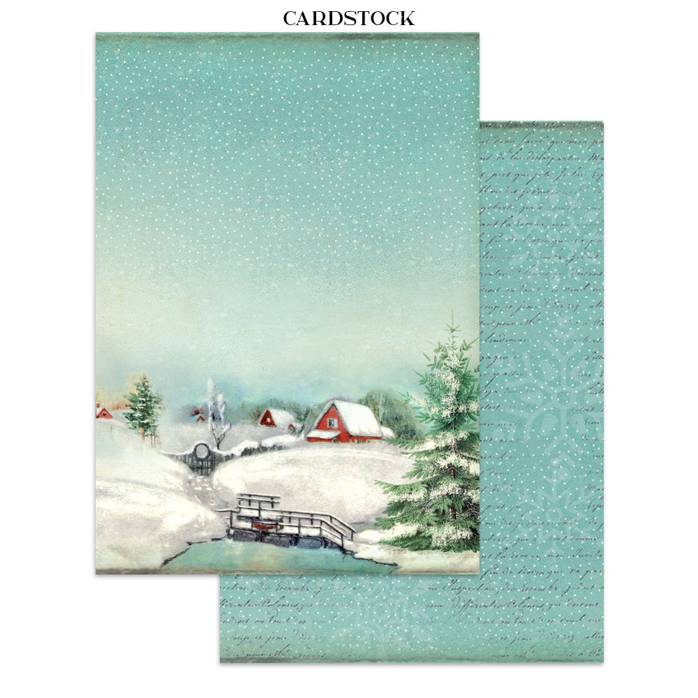 Cardstock with a winter scene design featuring houses and trees on a snowy landscape.