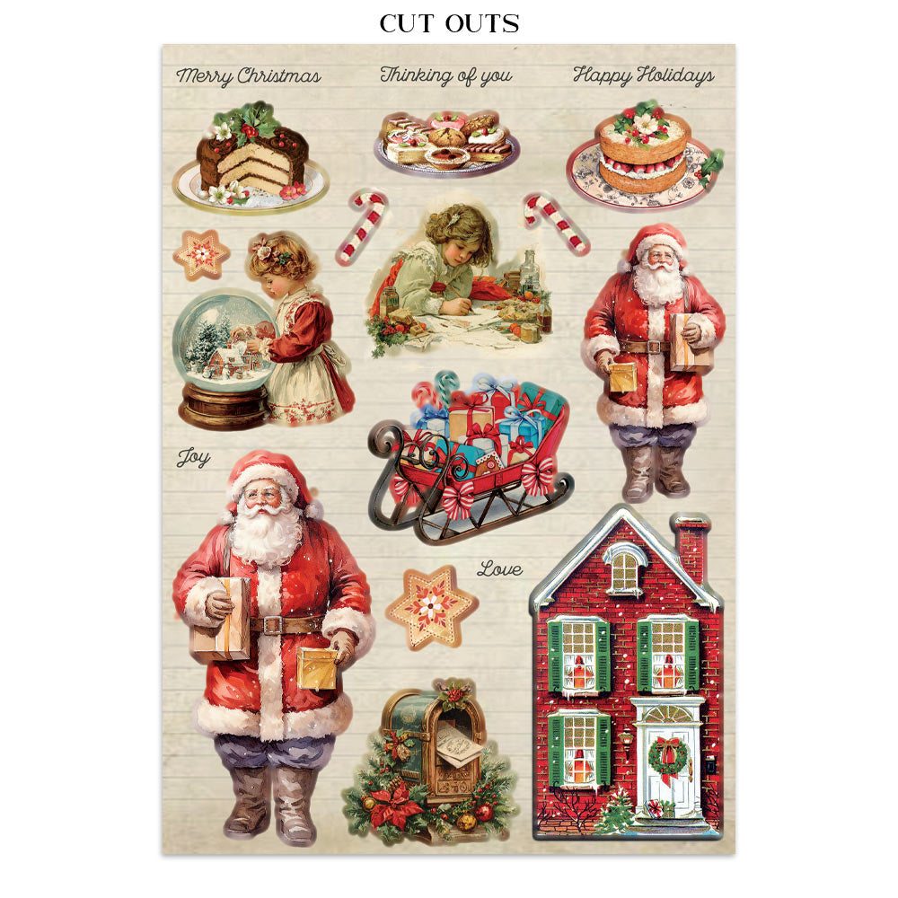 Collection of Christmas-themed cutouts featuring Santa Claus, cookies, candy canes, and a house on a white background.