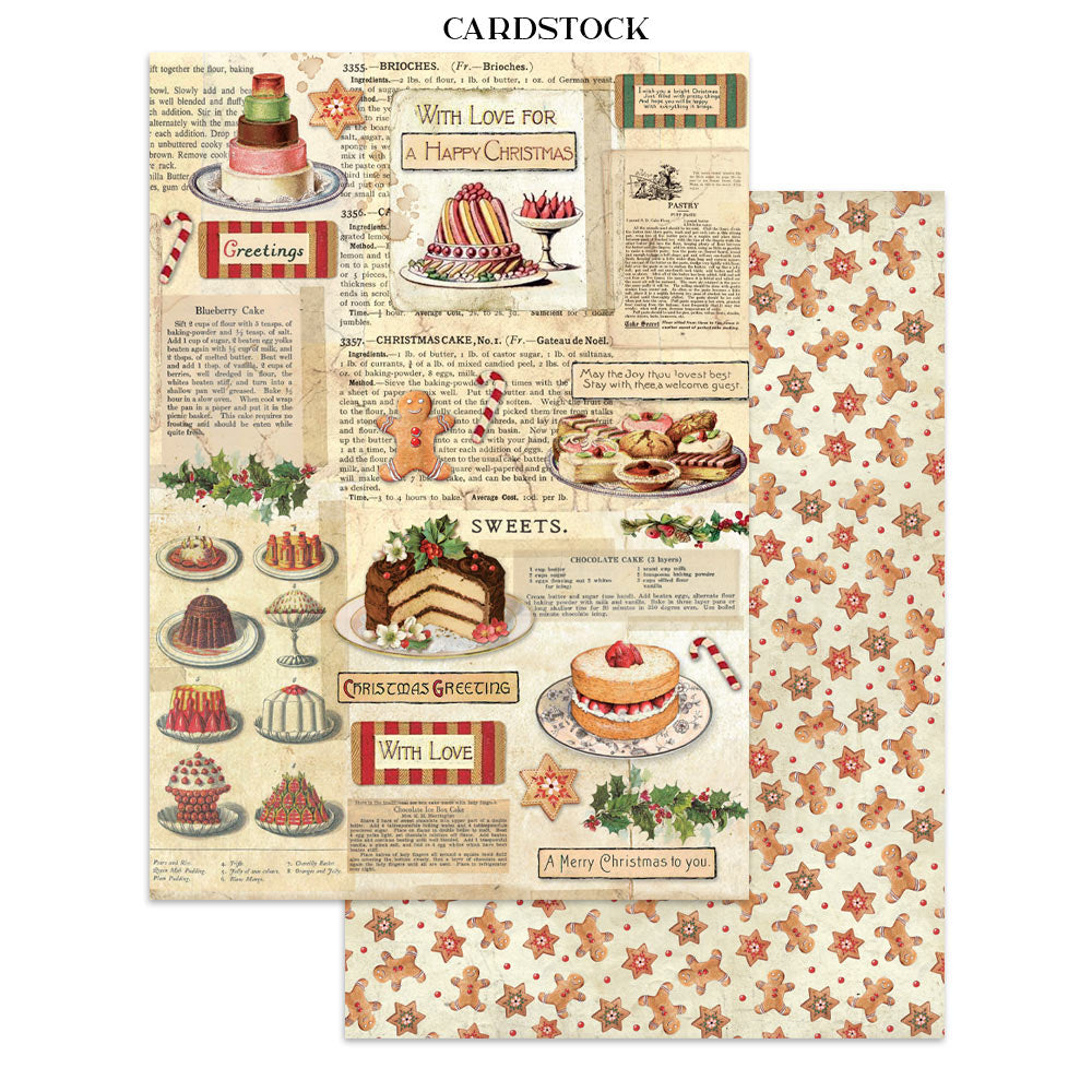 Two sheets of cardstock with Christmas-themed designs featuring cakes and gingerbread patterns.