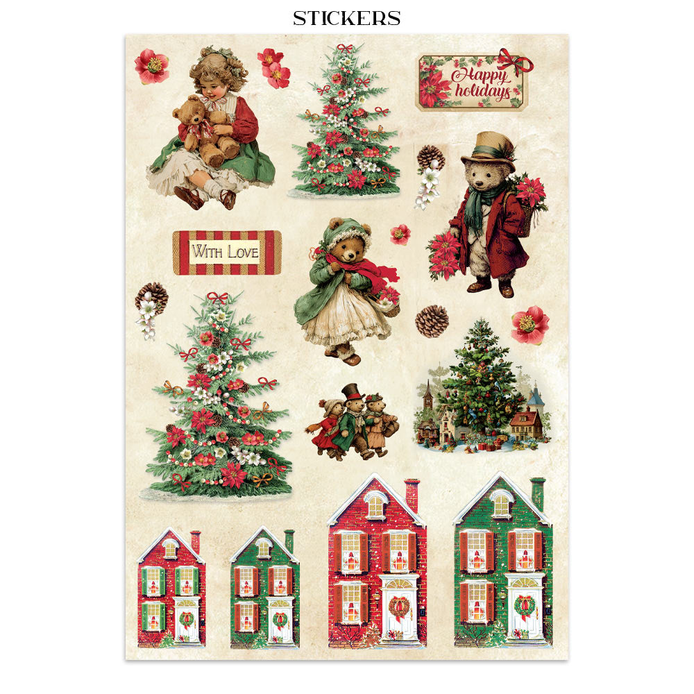 Sheet of Christmas-themed stickers featuring children, teddy bears, trees, and houses on a white background.