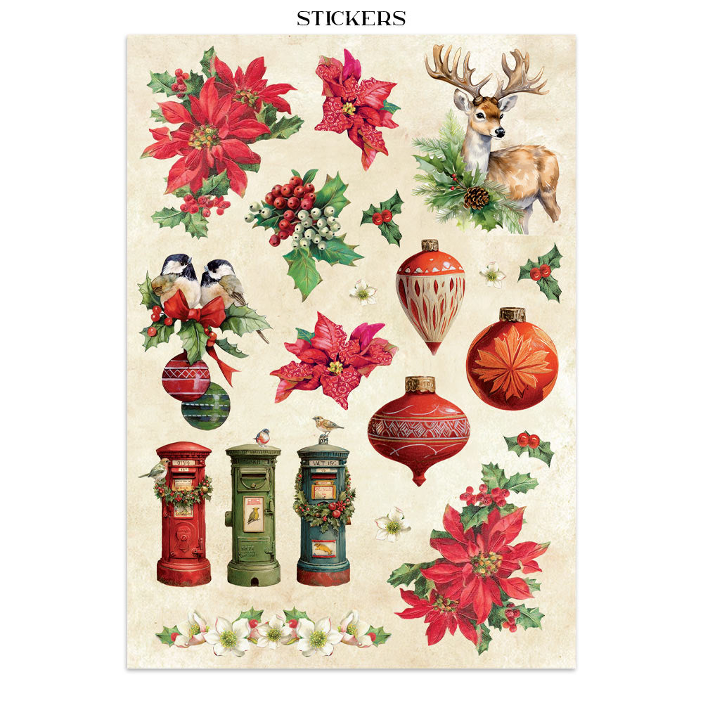 Sheet of Christmas-themed stickers featuring poinsettias, deer, and ornaments on a beige background.