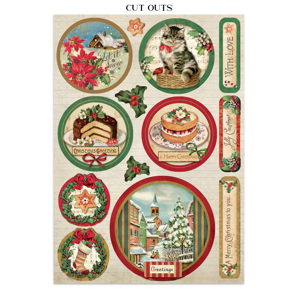 Collection of Christmas-themed cutouts with various designs on a beige background.