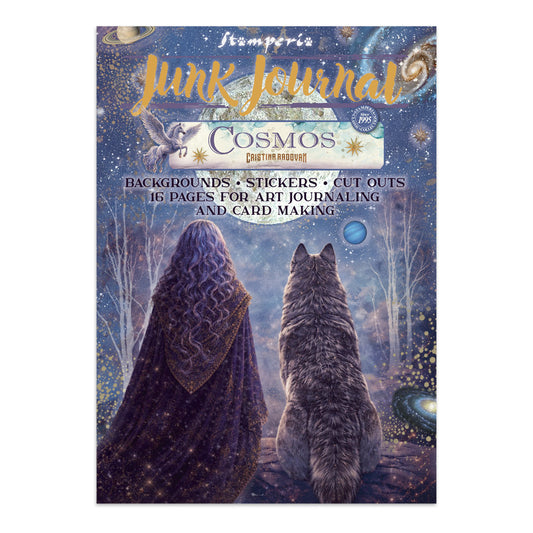 Stamperia's 'Junk Journal' Cosmos Collection craft book cover, featuring a celestial night sky illustration with a wolf and a hooded figure, designed for art journaling and card making.