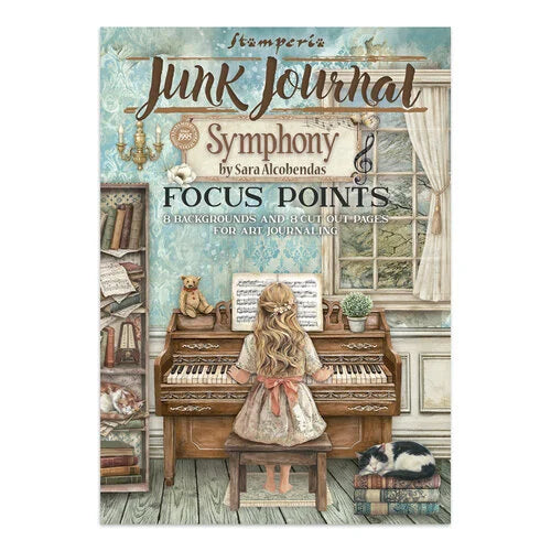 Book cover of 'Junk Journal Symphony' by Sara Alcoberdas with a girl at a piano illustration.