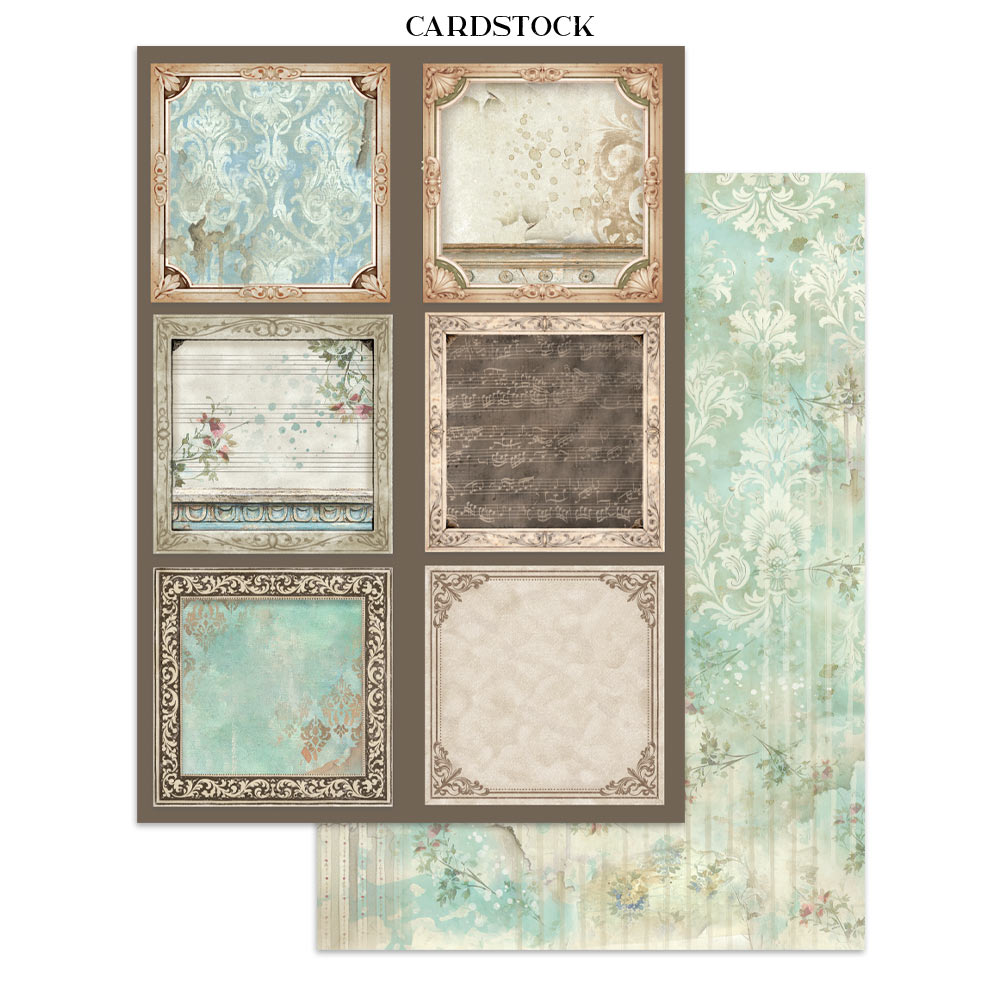 Cardstock with decorative patterns and frames on a white background