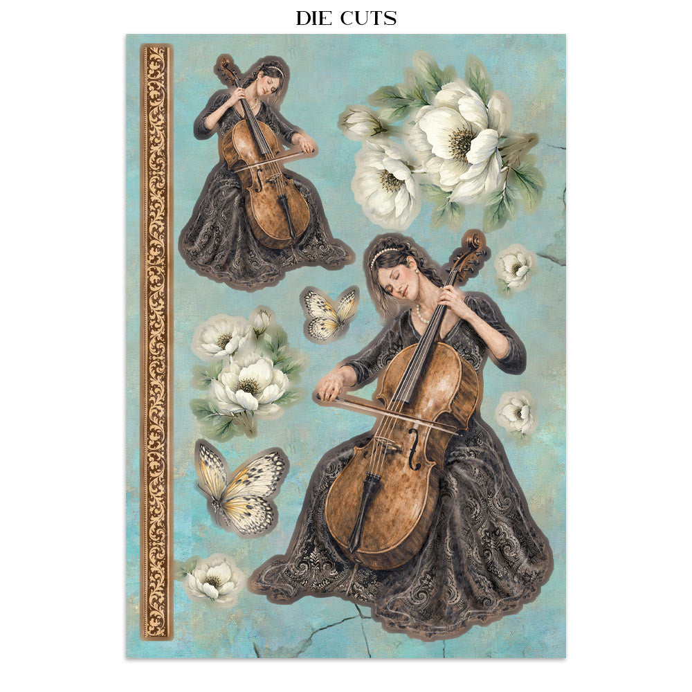 Decorative paper with die-cut designs of a woman playing a cello, flowers, and butterflies on a blue background.