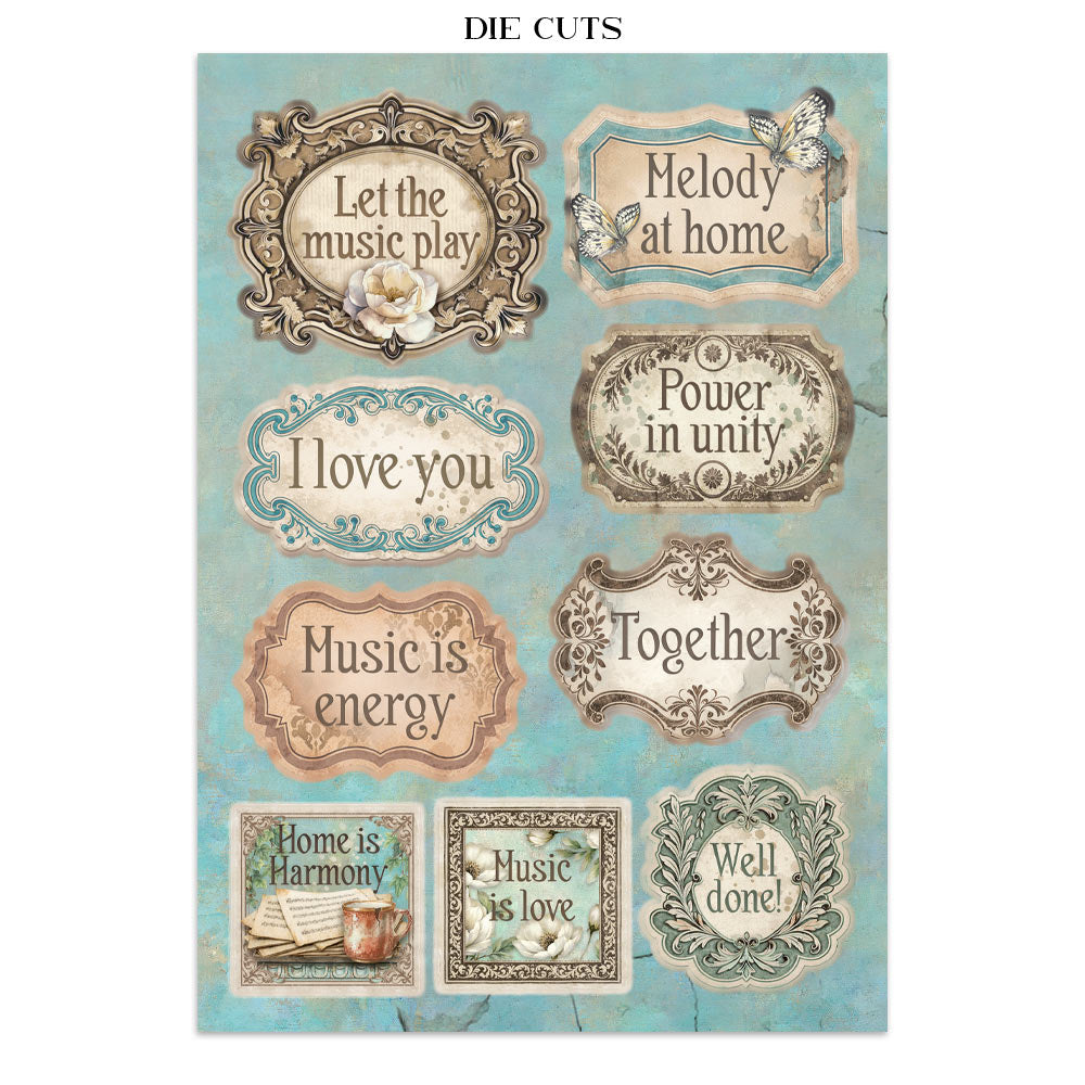 Collection of decorative die-cut phrases on a blue background
