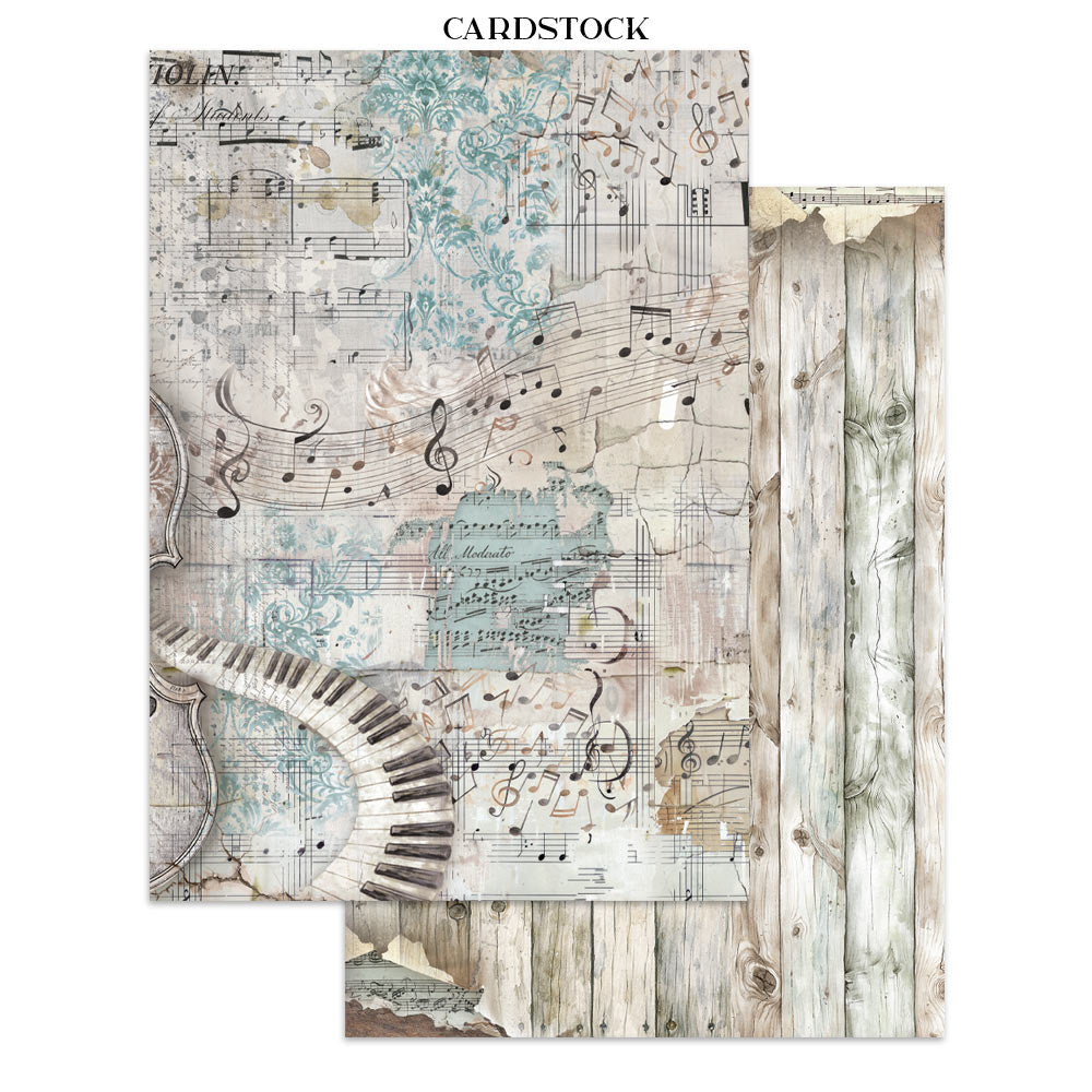 Two pieces of cardstock with musical design and wooden texture.