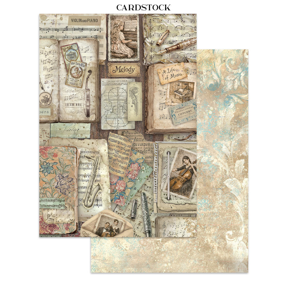 Cardstock with vintage music-themed design on a white background