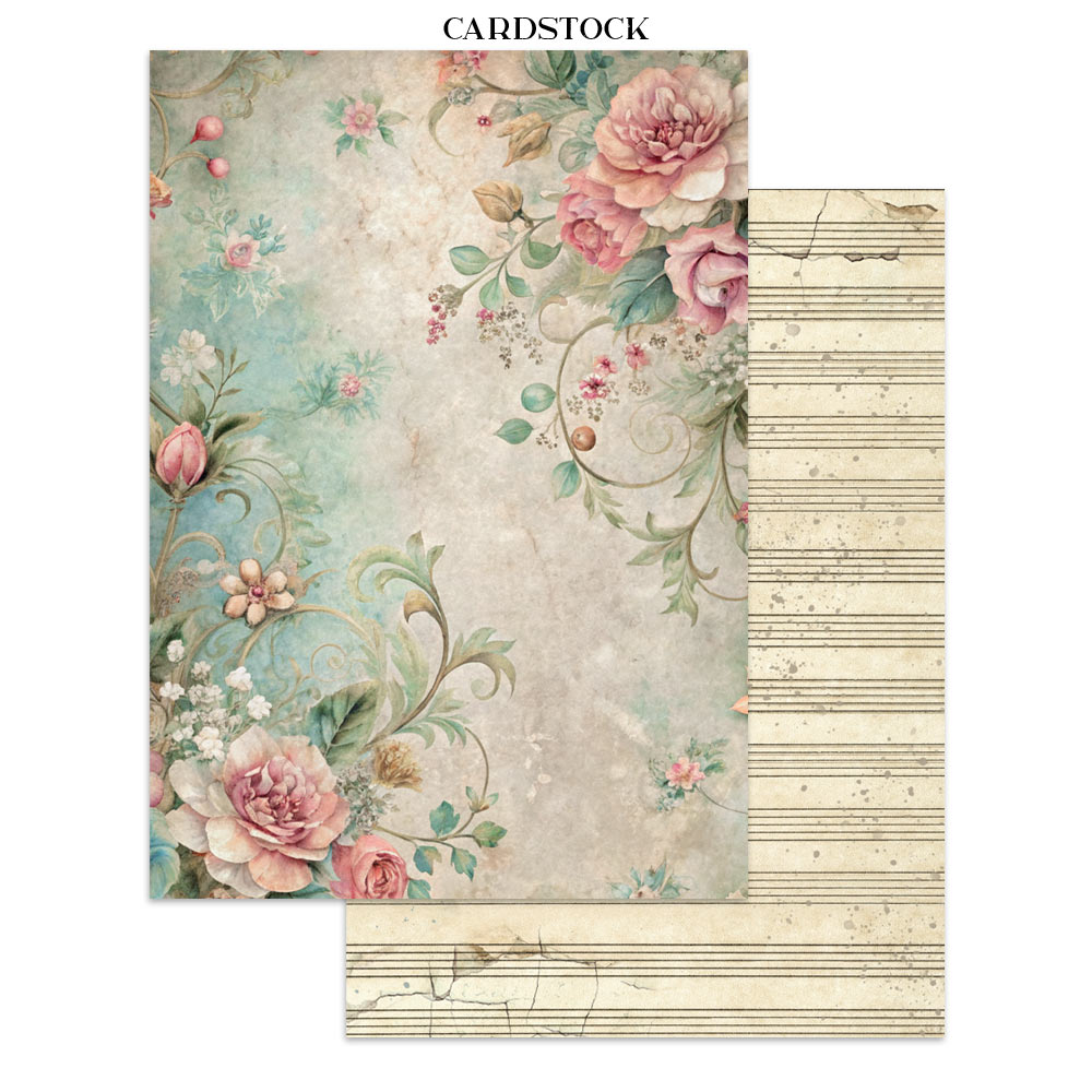 Two sheets of cardstock with floral and music note designs on a white background.
