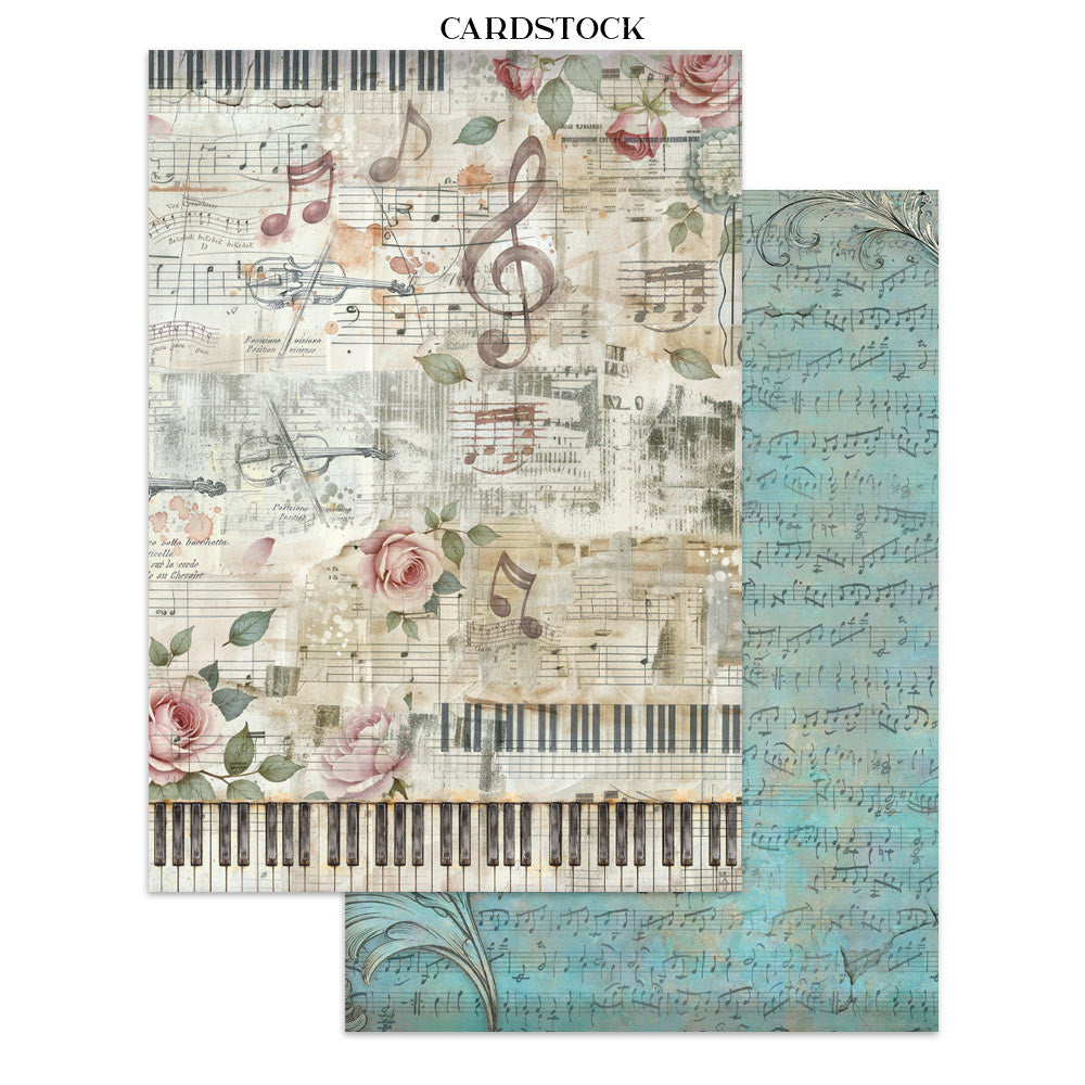 Two sheets of cardstock with musical notes, roses, and piano keys design.