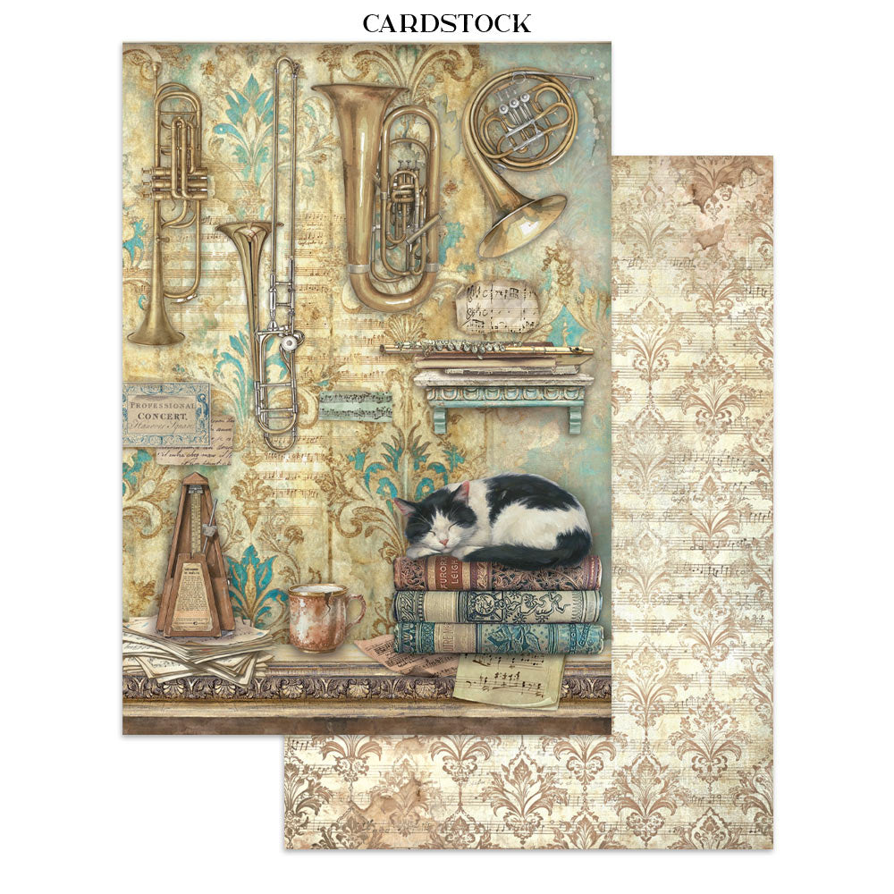 Cardstock with musical instruments and a cat on books, featuring intricate patterns.