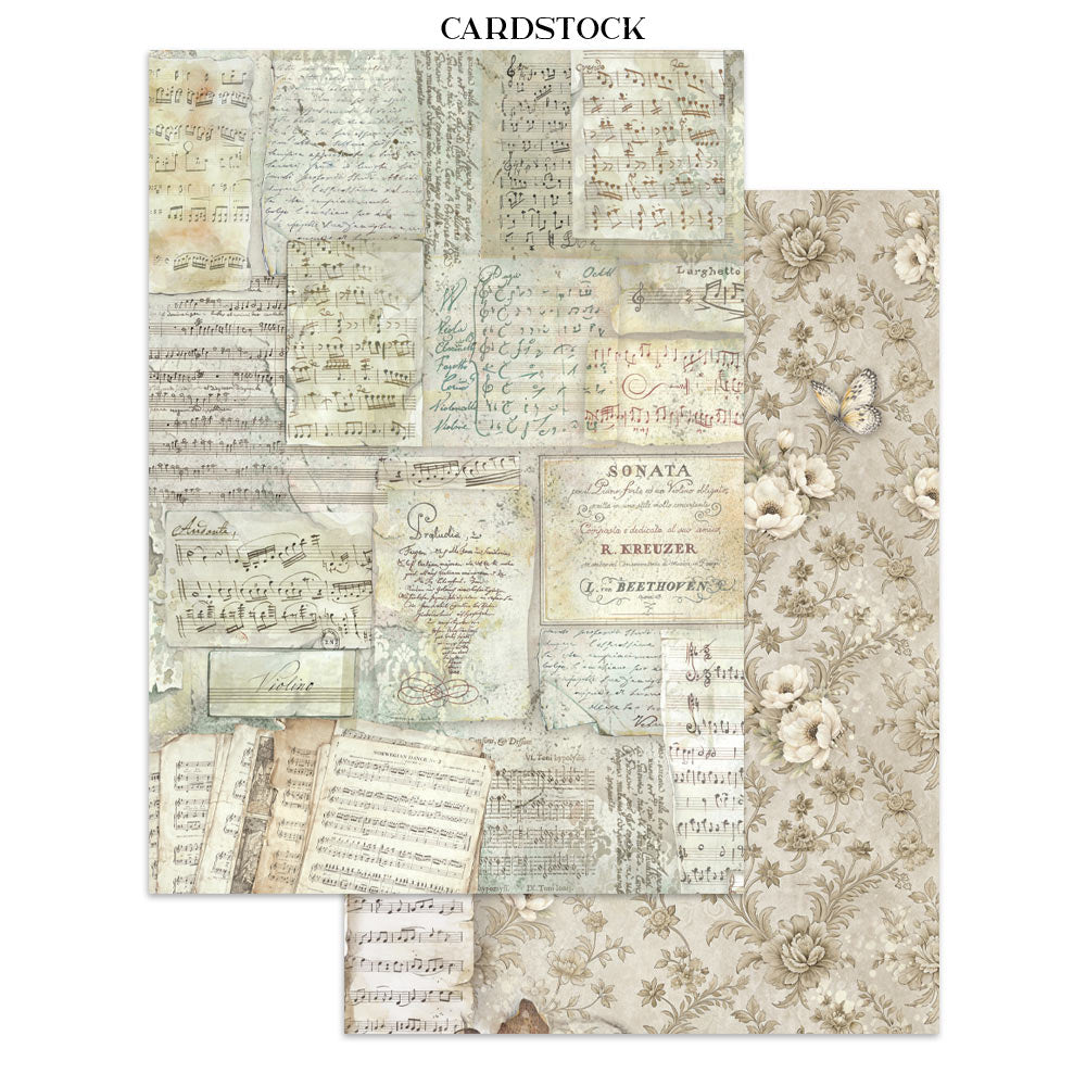 Cardstock with musical sheet and floral designs on a white background