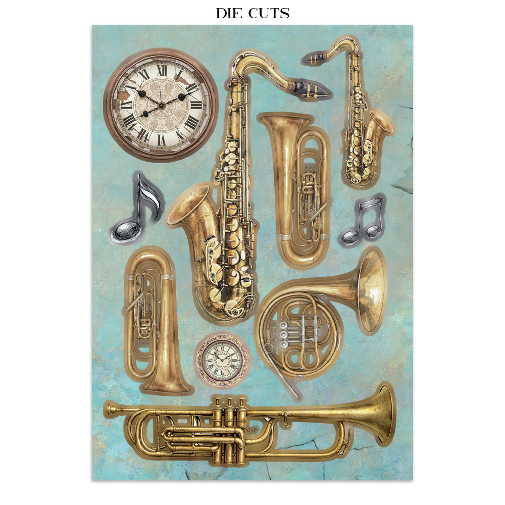 Collection of musical instrument die cuts including saxophone, tuba, trumpet, and clock on a textured background.