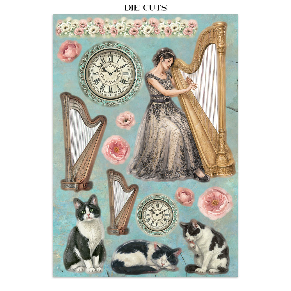 Sheet of die-cut decorative elements featuring a woman with a harp, cats, clocks, and flowers on a light blue background.