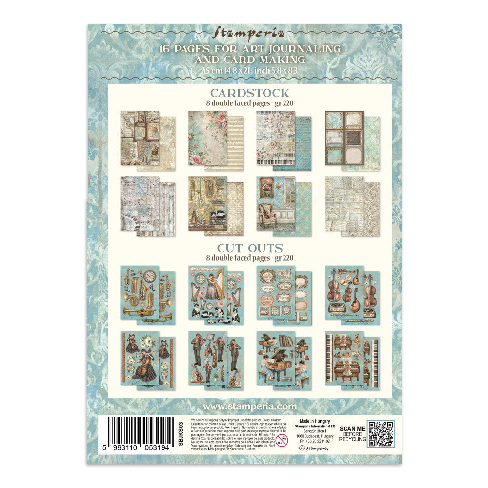 Packaging of Stamperia cardstock and cutouts for art journaling and card making with a decorative design.