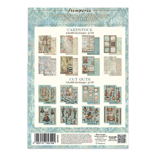 Packaging of Stamperia cardstock and cutouts for art journaling and card making with a decorative design.