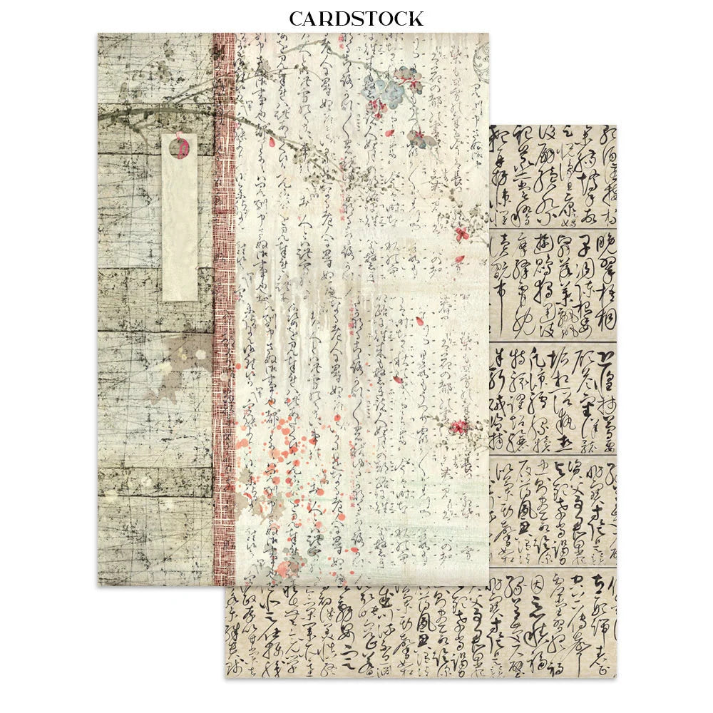 Collection of cardstock sheets with vintage text and design elements on a white background.