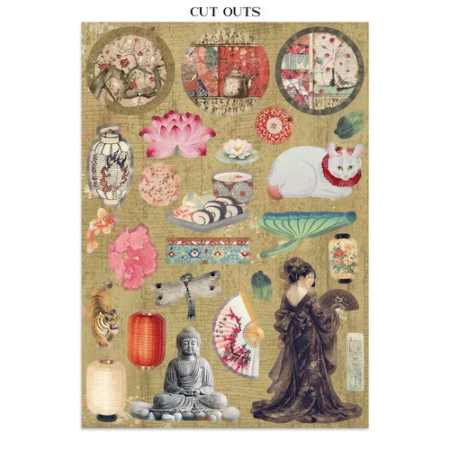 Collection of decorative cutouts with Asian-themed illustrations on a textured background.