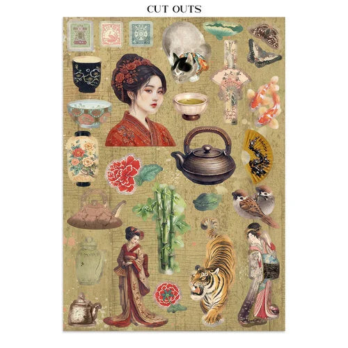 Collage of vintage-style illustrations featuring women, animals, and objects on a textured background.