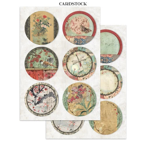 Set of circular cardstock pieces with vintage designs on a white background