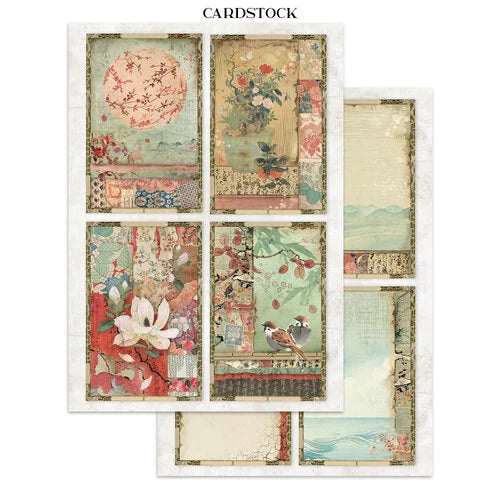 Collection of vintage-style cardstock sheets with floral and nature-themed designs.