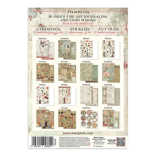 Packaging of Stamperia art journaling and card making supplies with various designs.