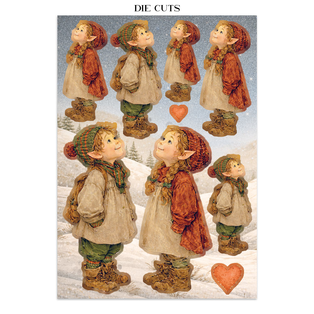 Set of die-cut figures of children in winter clothing with a snowy background.