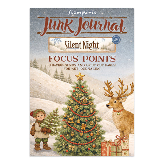 Junk Journal 'Silent Night' with Christmas-themed design featuring a child, tree, and deer.