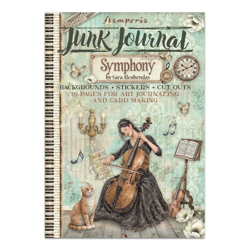 Junk Journal Symphony book by Sara Alcohobendas with a woman playing a cello and a cat on the cover.
