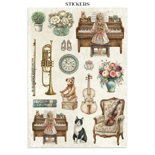Collection of vintage-style stickers featuring musical instruments, furniture, and decorative elements on a white background.