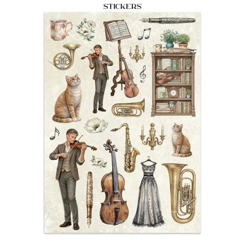 Collection of vintage-style illustrations including musicians, instruments, and decorative elements on a white background.