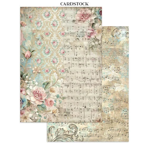 Cardstock with floral and music sheet design on a white background