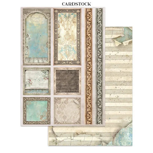 Collection of cardstock sheets with various designs and patterns on a white background.