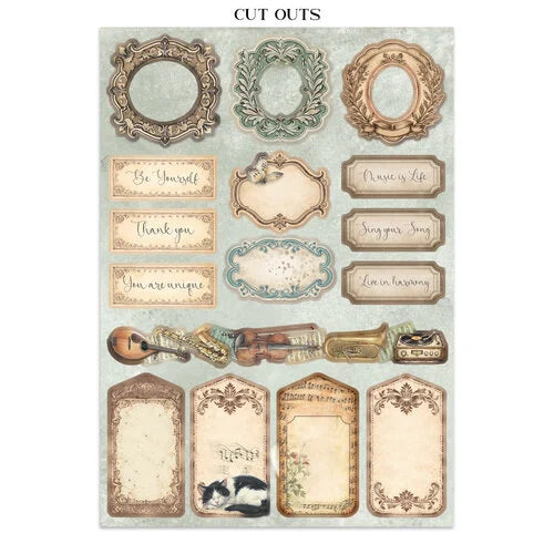 Collection of decorative die cuts with frames, labels, and phrases on a textured background.