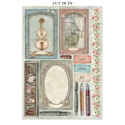 Decorative cutouts with vintage elements including a violin, window, and stationery items on a white background.