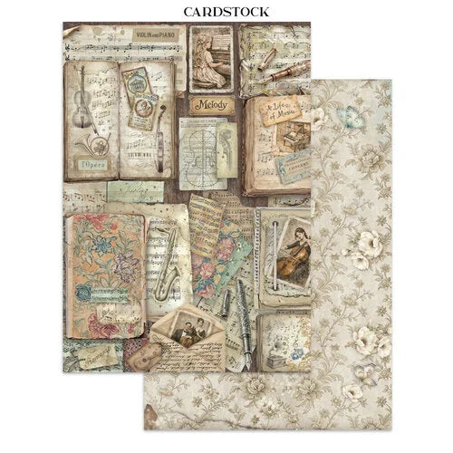 Cardstock with vintage-style designs including music notes, instruments, and floral patterns.
