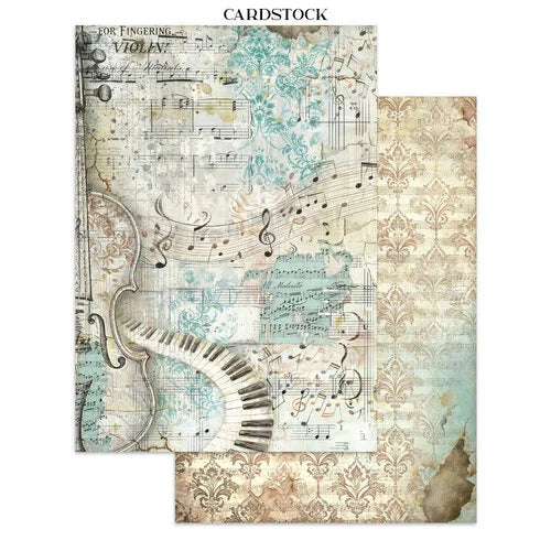 Cardstock with musical design featuring a violin and sheet music.