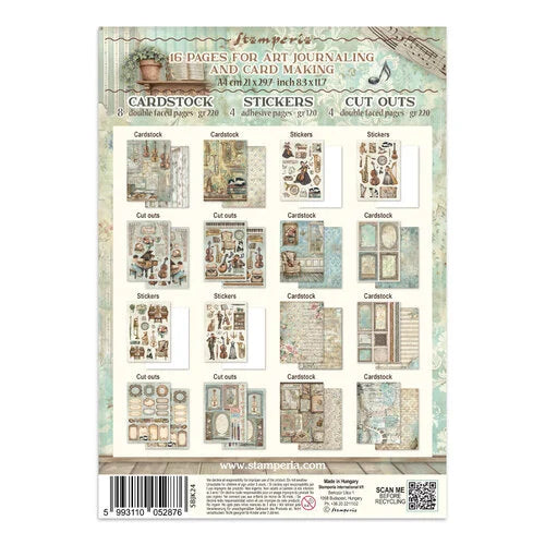 Packaging of Stamperia art journaling and card making supplies with illustrations and text.