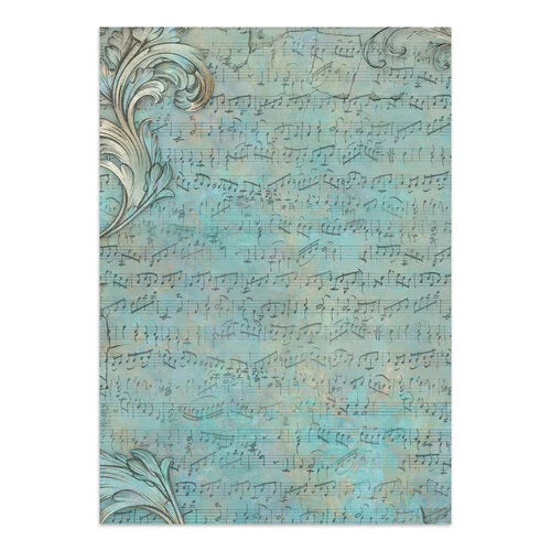 Sheet music design with decorative elements on a light blue background